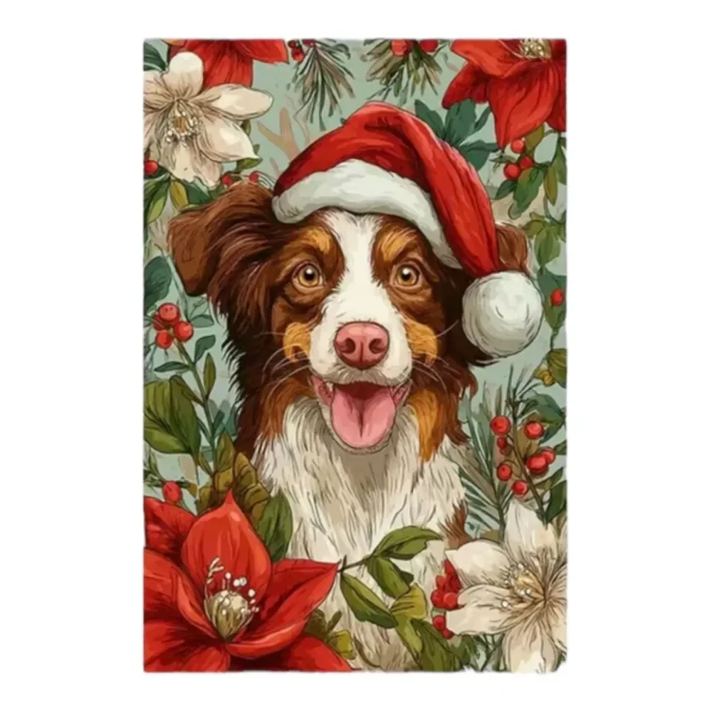 Christmas Brown Border Collie Garden Flag 12x18 – Santa Hat Dog Holiday Outdoor
